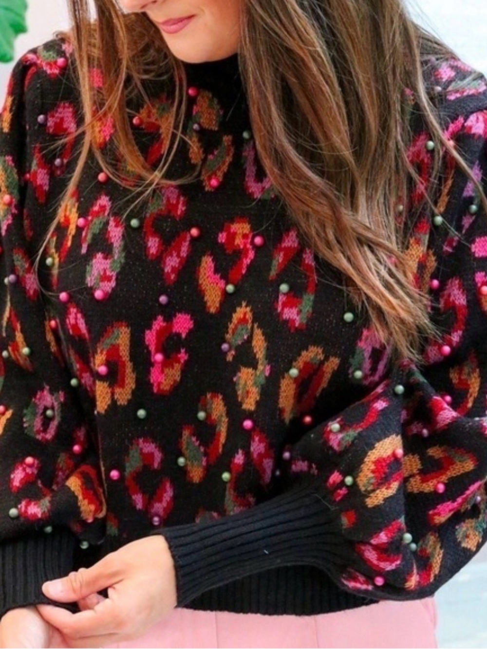 Black Multicolor Pearl-Accent Leopard Print Sweater